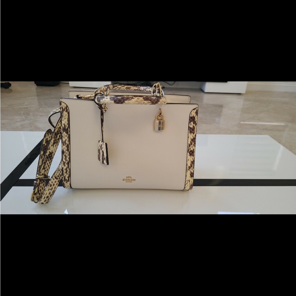 Coach Cream and Tan Satchel with Snake Print Accents
